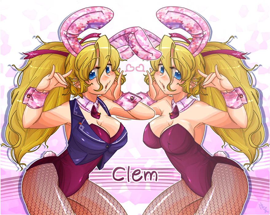 animal_ears blonde_hair blue_eyes breasts bunny_ears bunny_tail bunnysuit cleavage detached_collar fake_animal_ears fishnet_pantyhose fishnets large_breasts long_hair multiple_girls necktie noriten original pantyhose ponytail symmetry tail vest wrist_cuffs