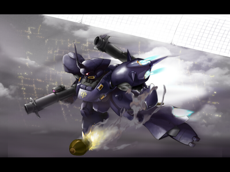 colony_interior flying glowing gundam gundam_0080 kampfer_(mobile_suit) mecha night no_humans panzerfaust smoke solo spikes take_tonbo weapon