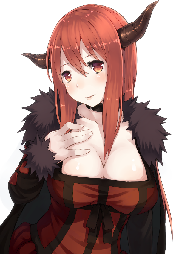 bad_id bad_pixiv_id breasts choker cleavage horns huge_breasts long_hair maou_(maoyuu) maoyuu_maou_yuusha red_eyes red_hair simple_background solo takuan_(takuan0907) white_background