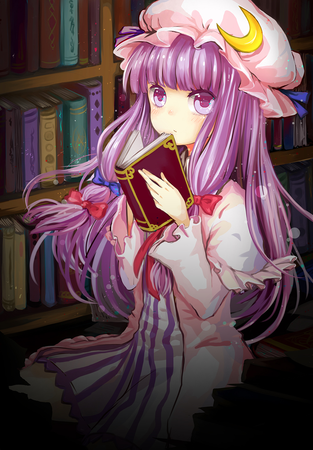 book bow bowtie crescent doraka hair_ribbon hat highres long_hair patchouli_knowledge purple_hair ribbon solo touhou