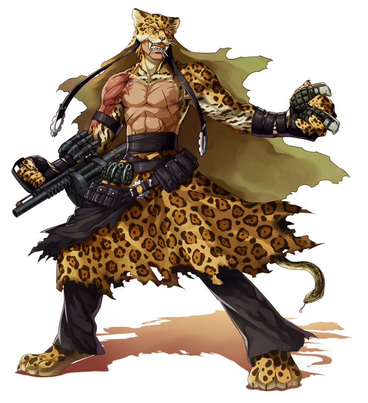 animal_print ars_goetia clenched_teeth explosive fangs flauros_(mygrimoire) grenade gun kyousaku leopard leopard_print male_focus mouth_hold mygrimoire pants scar shirtless snake solo teeth weapon white_background