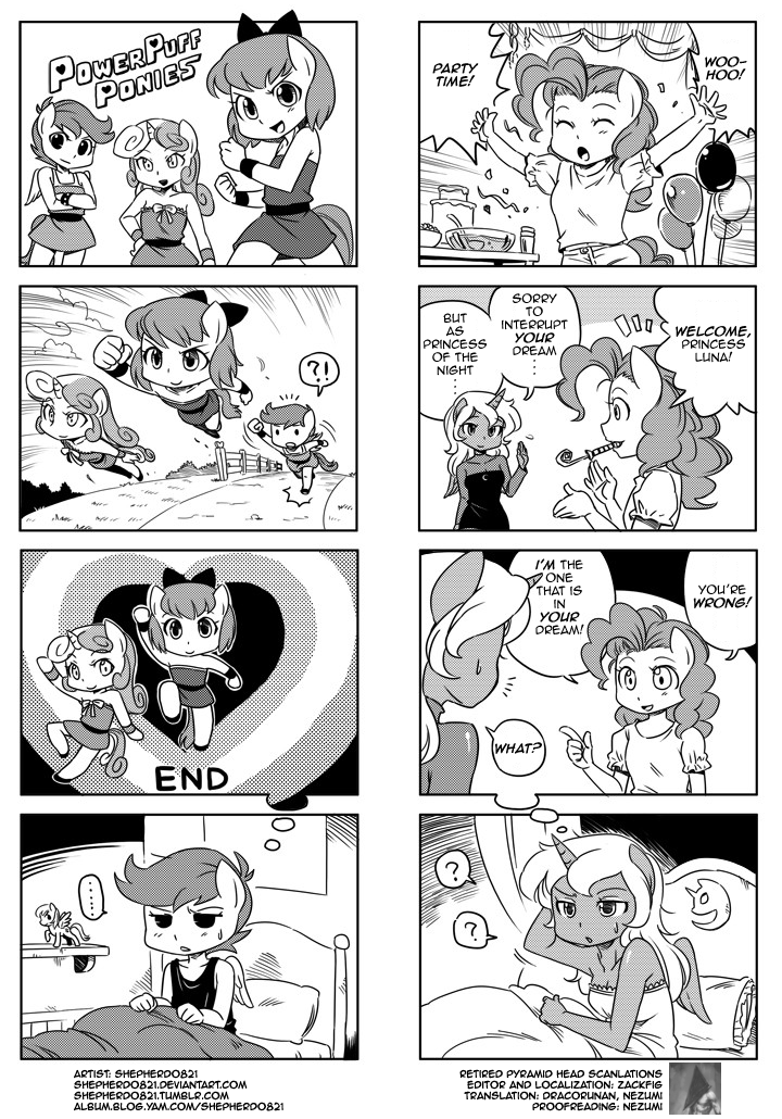 4koma anthro anthrofied apple_bloom_(mlp) bed clothing comic cutie_mark_crusaders_(mlp) dialog dialogue dream english_text equine female friendship_is_magic group horn horse mammal monochrome my_little_pony pegasus pinkie_pie_(mlp) pony powerpuff_girls princess_luna_(mlp) scootaloo_(mlp) shepherd0821 sweetie_belle_(mlp) text unicorn winged_unicorn wings young