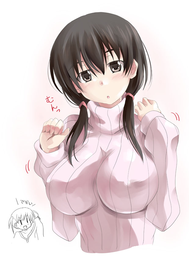 blush breasts huge_breasts jindai_komaki mister_(black_and_white) multiple_girls saki sweater turtleneck twintails usuzumi_hatsumi