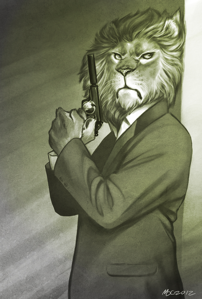 feline gun james_bond katmomma lion male monochrome ranged_weapon standing weapon