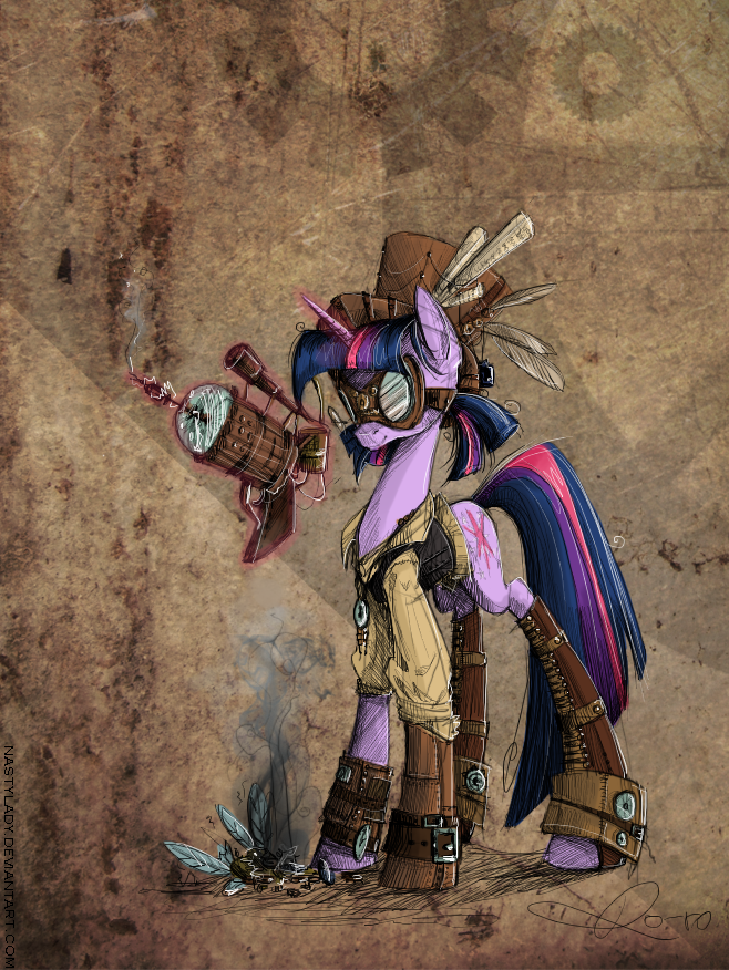 abstract_background clothing cutie_mark equine eyewear female feral friendship_is_magic fur gears goggles gun hair hat horn horse mammal my_little_pony nastylady parasprite_(mlp) pony purple_eyes purple_fur ranged_weapon solo steampunk top_hat twilight_sparkle_(mlp) two_tone_hair unicorn weapon
