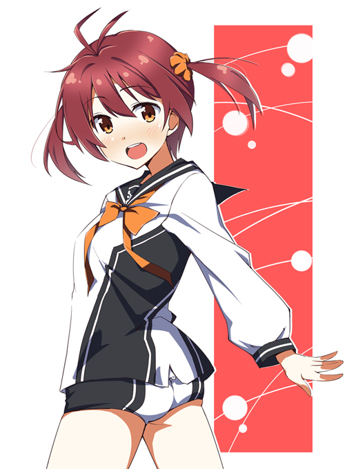 :d bad_id bad_pixiv_id brown_eyes hair_ornament hair_scrunchie hajime_(kin'you_club) isshiki_akane looking_at_viewer multicolored multicolored_clothes multicolored_shorts national_shin_ooshima_school_uniform open_mouth orange_ribbon orange_scrunchie print_shorts red_hair ribbon school_uniform scrunchie short_hair short_shorts shorts smile solo twintails vividred_operation white_shorts