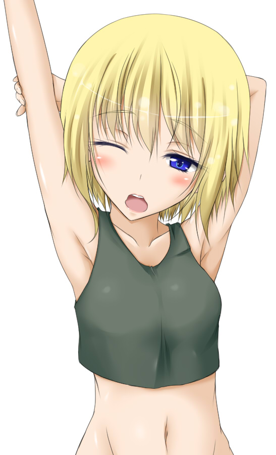 armpits arms_up blonde_hair blue_eyes blush erica_hartmann navel open_mouth p-tana short_hair sleepy solo stretch strike_witches tank_top upper_body world_witches_series yawning