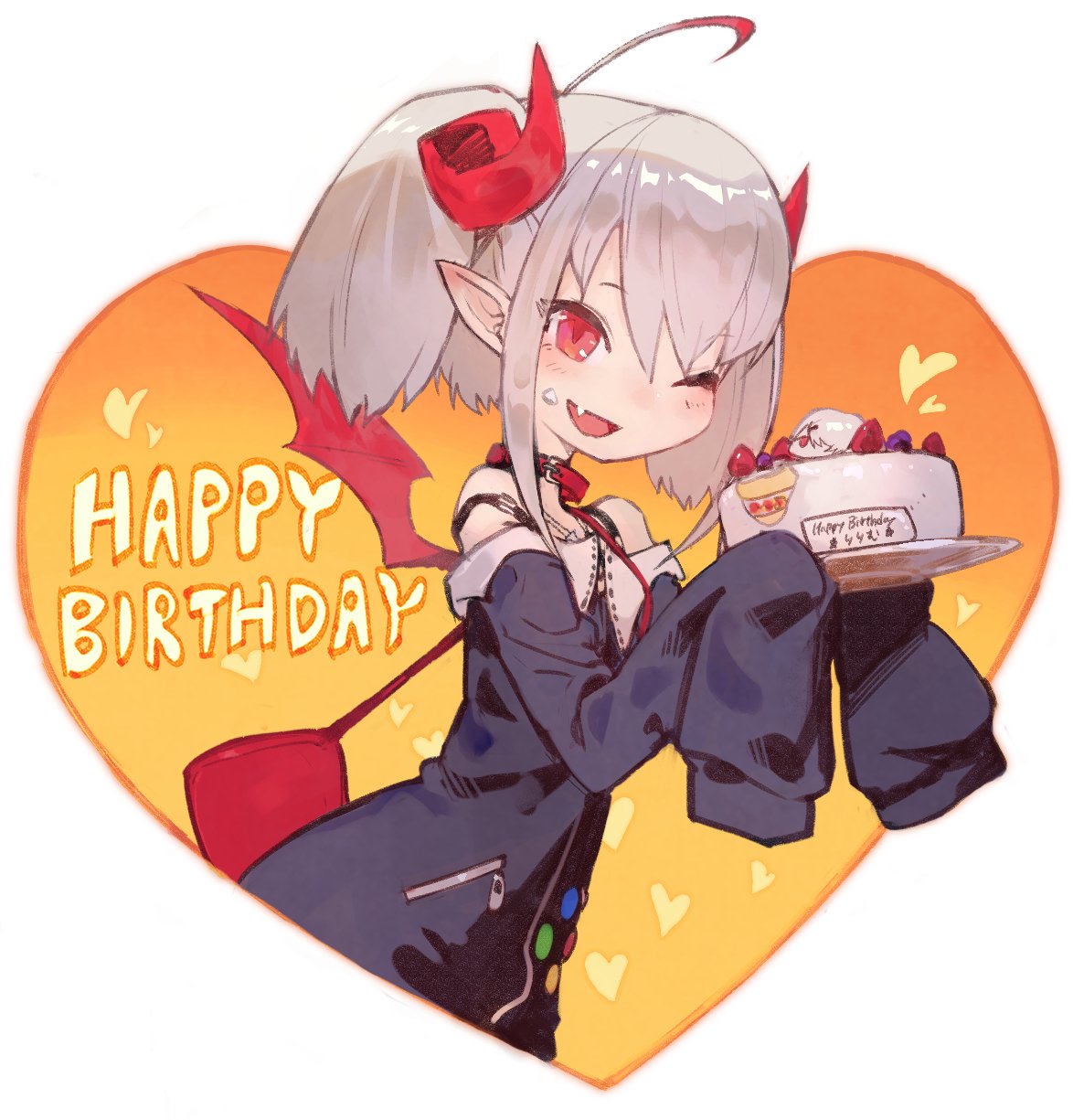 1girl ;d ahoge albino alternate_hairstyle bag bangs bare_shoulders belt_collar birthday_cake cake character_name collar commentary_request curled_horns demon_girl demon_horns demon_wings fang food grey_hair handbag happy_birthday heart highres holding_cake horns lack leash looking_at_viewer makaino_ririmu multicolored_hair nijisanji off_shoulder one_eye_closed open_mouth plate pointy_ears red_bag red_collar red_eyes red_horns red_wings shiina_yuika sleeves_past_fingers sleeves_past_wrists smile solo strawberry_shortcake streaked_hair twintails upper_body very_long_sleeves wings zipper zipper_pull_tab