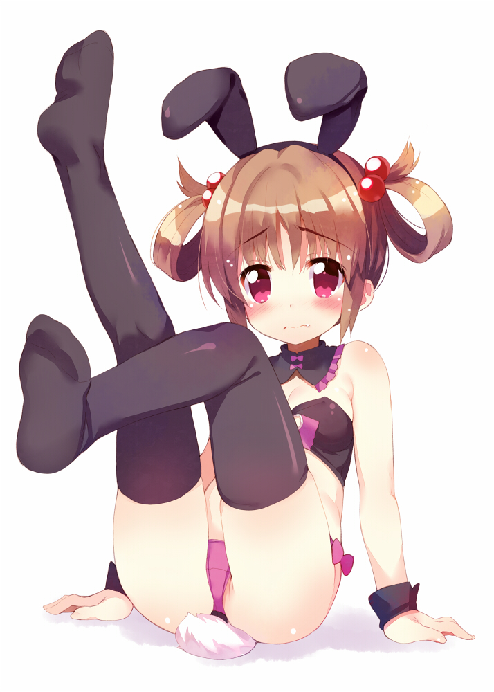 animal_ears bare_shoulders black_legwear blush brown_hair bunny_ears bunny_tail detached_collar fake_animal_ears full_body hair_bobbles hair_ornament hair_rings leg_up looking_at_viewer meito_(maze) no_shoes original panties pink_eyes purple_panties short_hair simple_background sitting soles solo tail thighhighs underwear wavy_mouth white_background wrist_cuffs