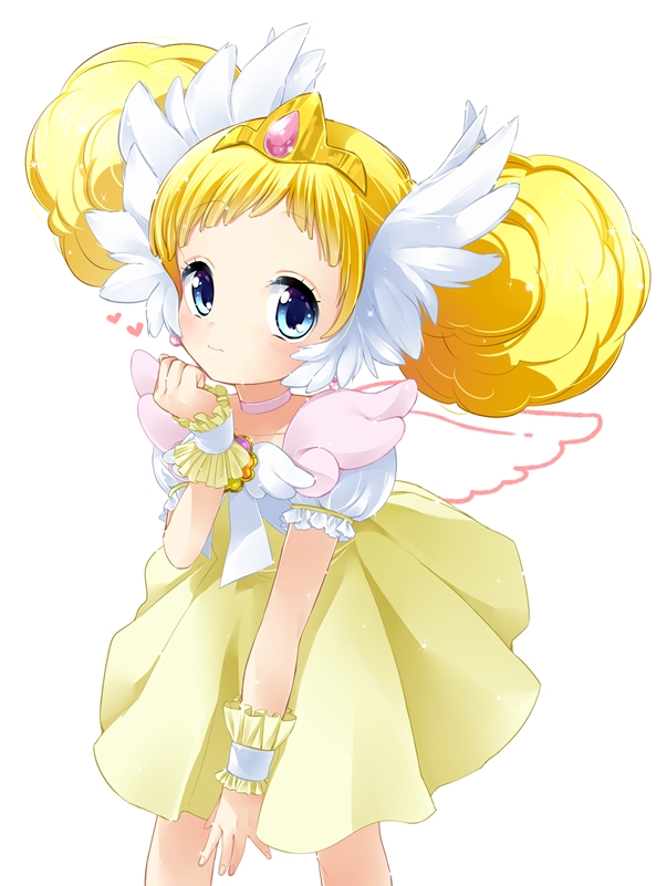 blonde_hair blue_eyes blush brooch candy_(smile_precure!) choker double_bun head_wings jewelry personification precure puffy_sleeves royal_candy short_hair skirt smile_precure! solo tiara white_background white_choker wrist_cuffs yellow_skirt yupachi