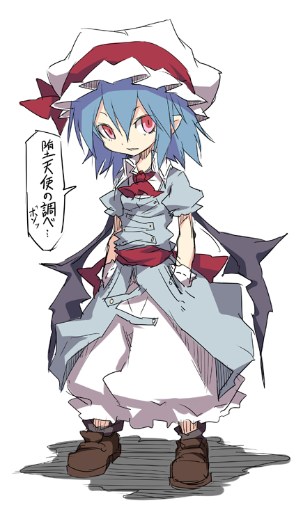 bat_wings blue_hair boots hands_in_pockets hat noya_makoto pointy_ears red_eyes remilia_scarlet short_hair solo touhou translation_request wings