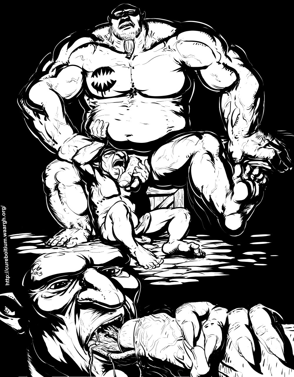 arkail balls belly black_and_white claws close-up cum cum_in_mouth cum_inside cumshot cureboltium drooling duo erection eyes_closed fellatio gay goblin huge_muscles licking male monochrome muscles not_furry nude of_orcs_and_men open_mouth oral oral_sex orc orgasm pecs penis saliva sex sitting size_difference spread_legs spreading styx tongue tongue_out uncut vein video_games