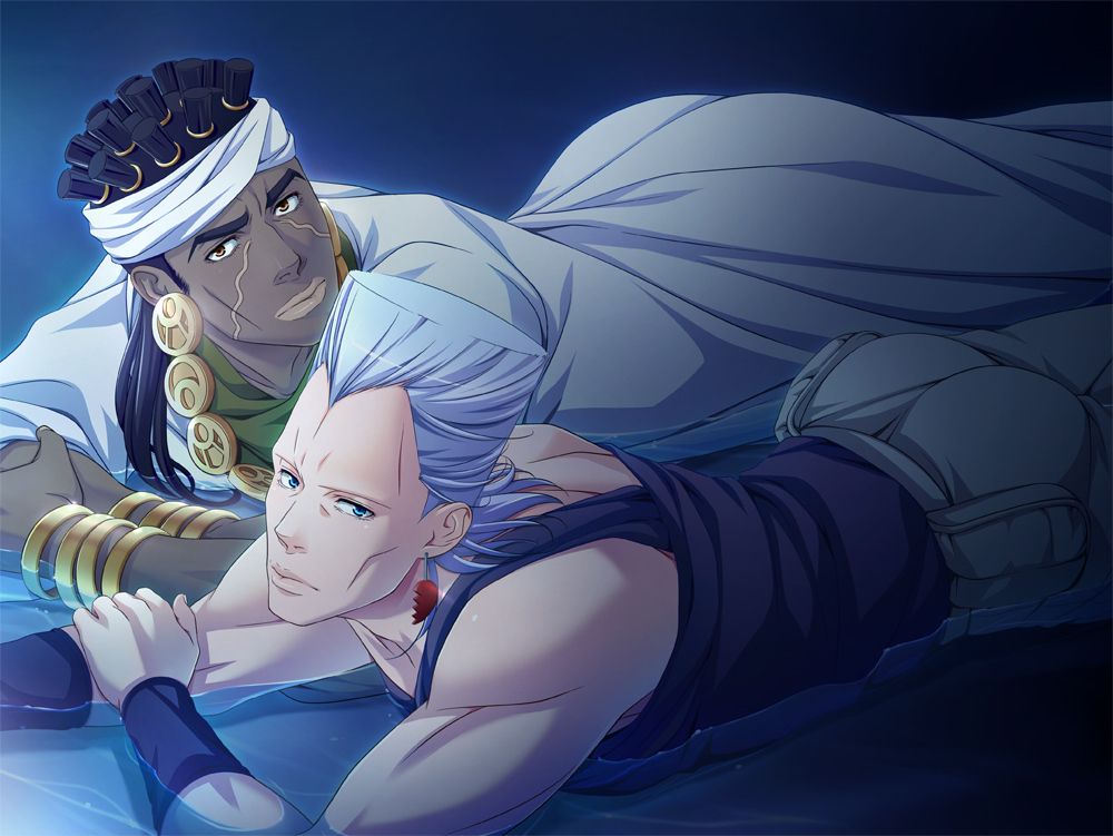 black_hair blue_eyes brown_eyes dark_skin dark_skinned_male earrings grey_hair jean_pierre_polnareff jewelry jojo_no_kimyou_na_bouken mohammed_avdol multiple_boys necklace partially_submerged stardust_crusaders very_dark_skin zero1