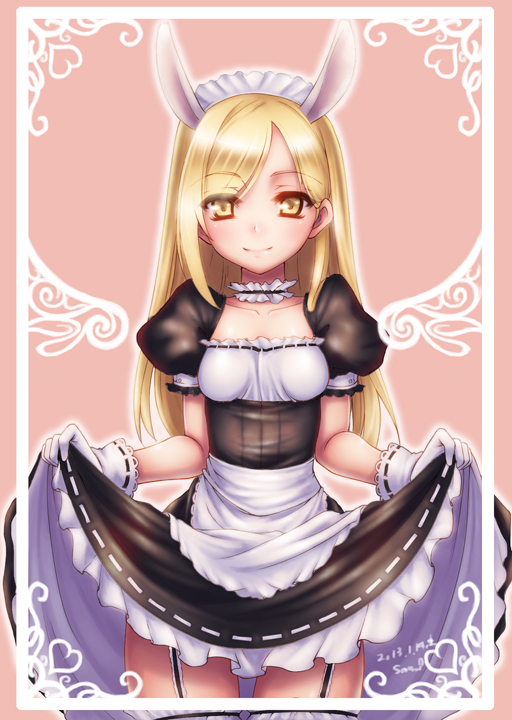 animal_ears blonde_hair bunny_ears choker collarbone dated dress dress_lift ecell elin_(tera) frilled_dress frills garter_straps garters gloves heart lace lace-trimmed_gloves long_hair maid maid_headdress signature smile solo tera_online thighhighs white_gloves yellow_eyes