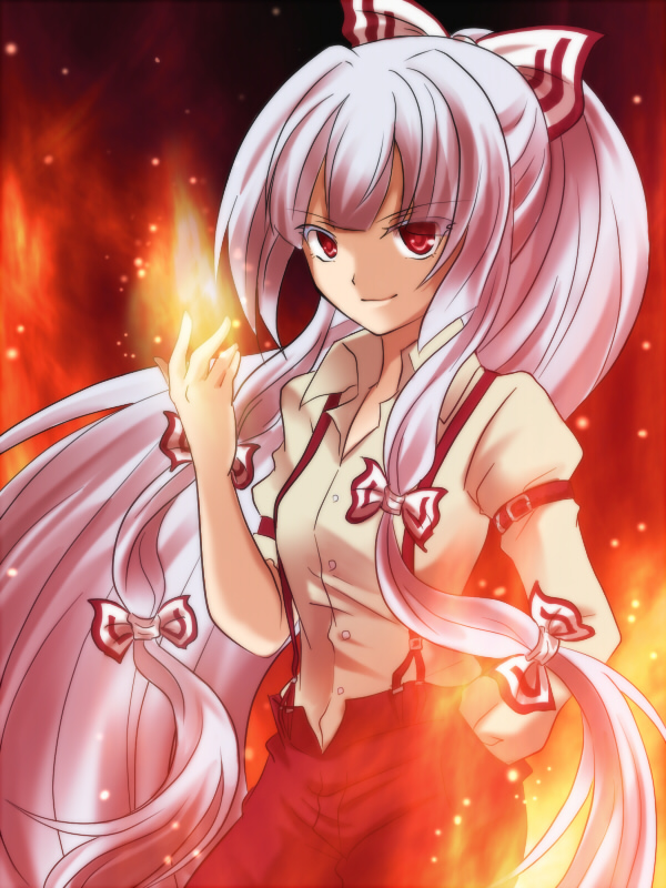 bad_id bad_pixiv_id bow dress_shirt enekon fire fujiwara_no_mokou hair_bow hair_ribbon long_hair long_sleeves pants ponytail ribbon shirt smile solo suspenders touhou very_long_hair white_hair