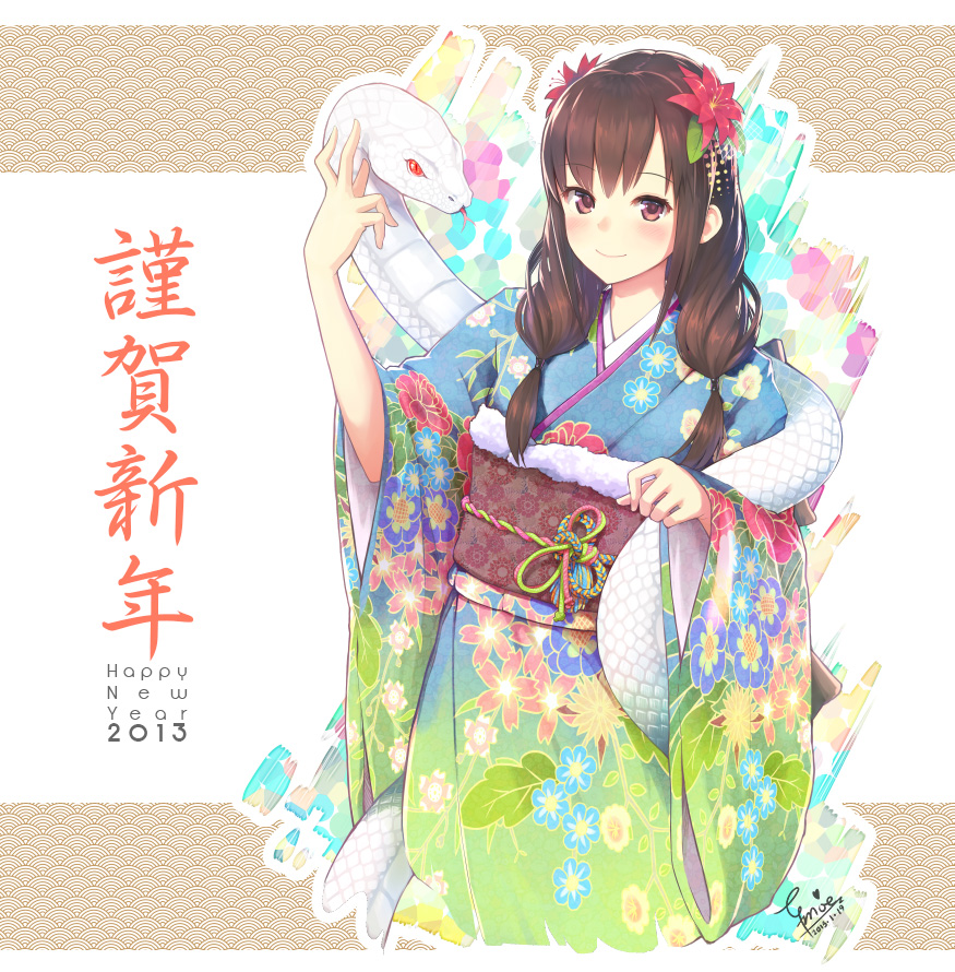 2013 blush brown_hair dated efmoe floral_print flower hair_flower hair_ornament happy_new_year japanese_clothes kimono looking_at_viewer new_year obi original red_eyes sash signature smile snake solo