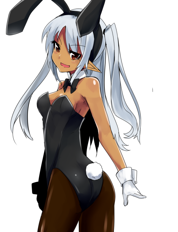 animal_ears breasts bunny_ears bunny_tail bunnysuit elf fake_animal_ears gloves haik long_hair medium_breasts open_mouth original pantyhose pointy_ears silver_hair simple_background smile solo tail white_background