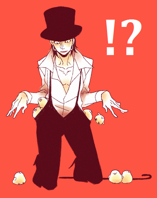 !? 1boy akizuki_hakuto animal bird cane chick color_background earrings full_body hat high_heels jewelry kneeling laffitte male male_focus one_piece overalls popped_collar shirt shoes simple_background solid_background solo top_hat white_shirt