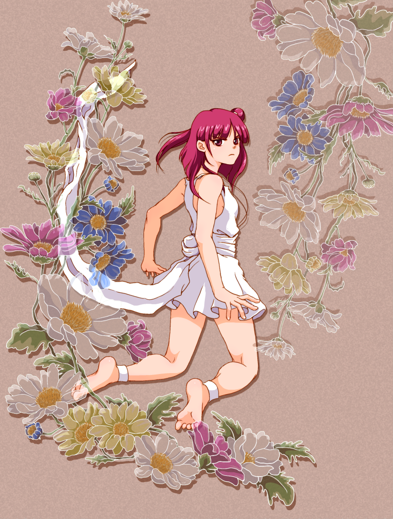 ankleband anklet barefoot breasts dress feet flower jewelry kneeling looking_back magi_the_labyrinth_of_magic morgiana one_side_up red_eyes red_hair sideboob small_breasts soles solo white_dress