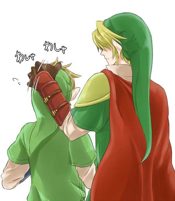 blonde_hair cape dual_persona gloves hat link makaronio male_focus multiple_boys petting pointy_ears the_legend_of_zelda the_legend_of_zelda:_skyward_sword translated