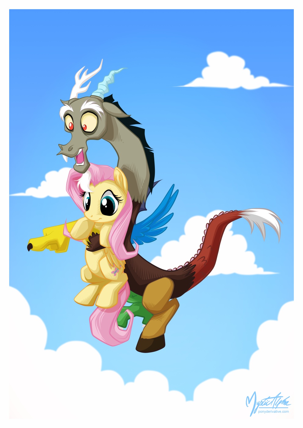 blue_eyes cloud clouds cutie_mark discord_(mlp) draconequus duo equine fangs female feral fluttershy_(mlp) friendship_is_magic horse male mammal my_little_pony mysticalpha outside pegasus pony red_eyes sky wings