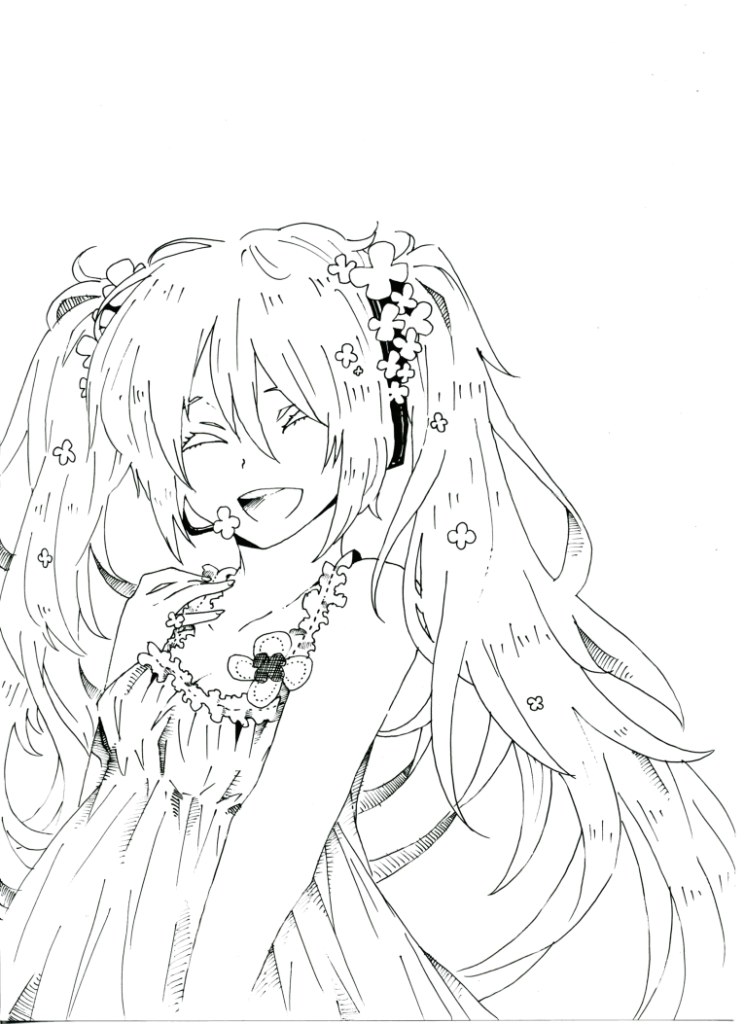 closed_eyes flower hatsune_miku hibarisann lineart long_hair monochrome open_mouth smile solo twintails very_long_hair vocaloid