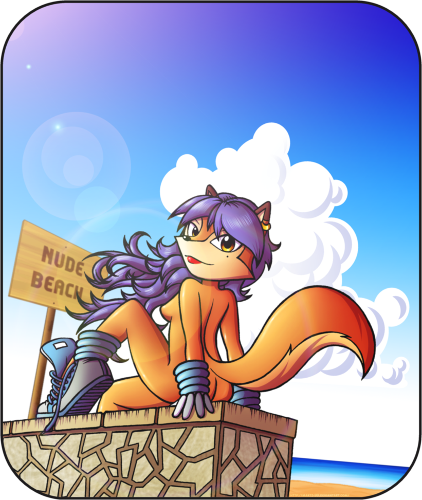 breasts butt canine carmelita_fox cloud female fox gloves hair lipstick long_hair looking_at_viewer mammal sand seaside shoes side_boob sign sly_cooper sly_cooper_(series) solo water