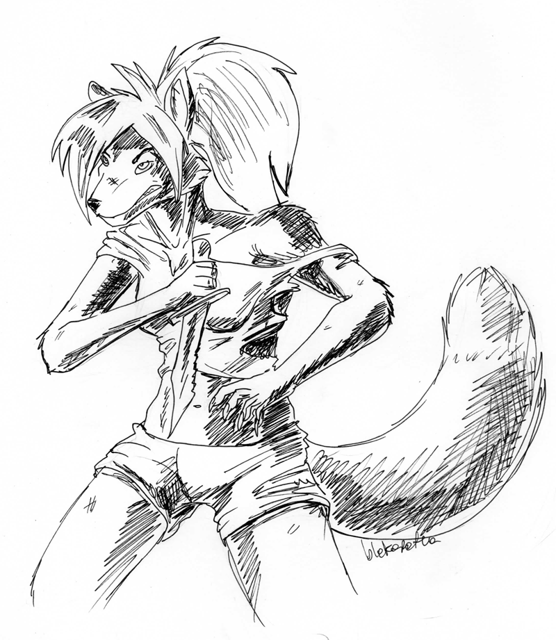 anthro blekarotva canine clothing female hair knife mammal plain_background ponytail pose shirt shorts sierra_blakely sketch solo standing tank_top weapon white_background wolf