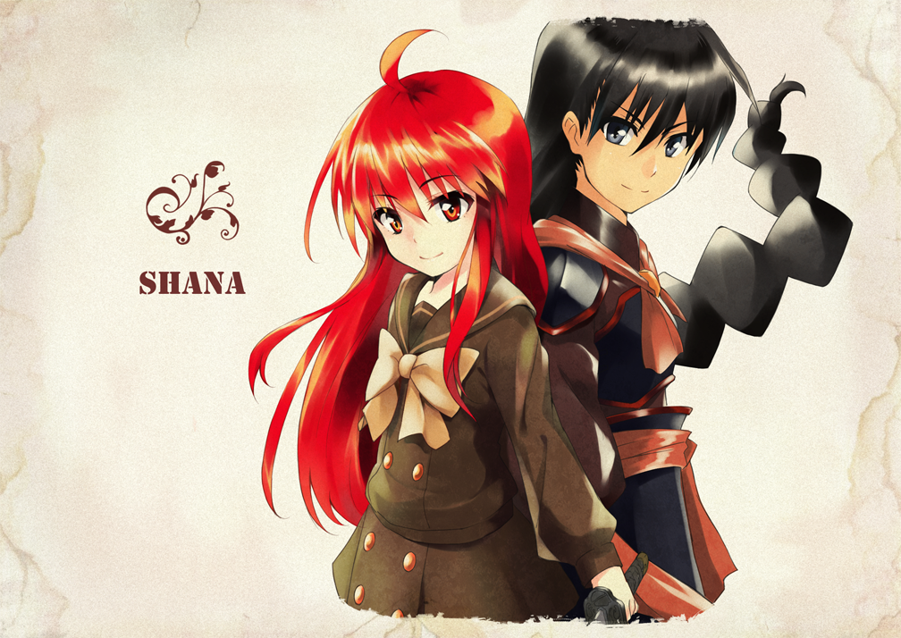 1girl back-to-back black_eyes black_hair braid holding_hands long_hair mokkei red_eyes red_hair sairei_no_hebi sakai_yuuji shakugan_no_shana shana spoilers