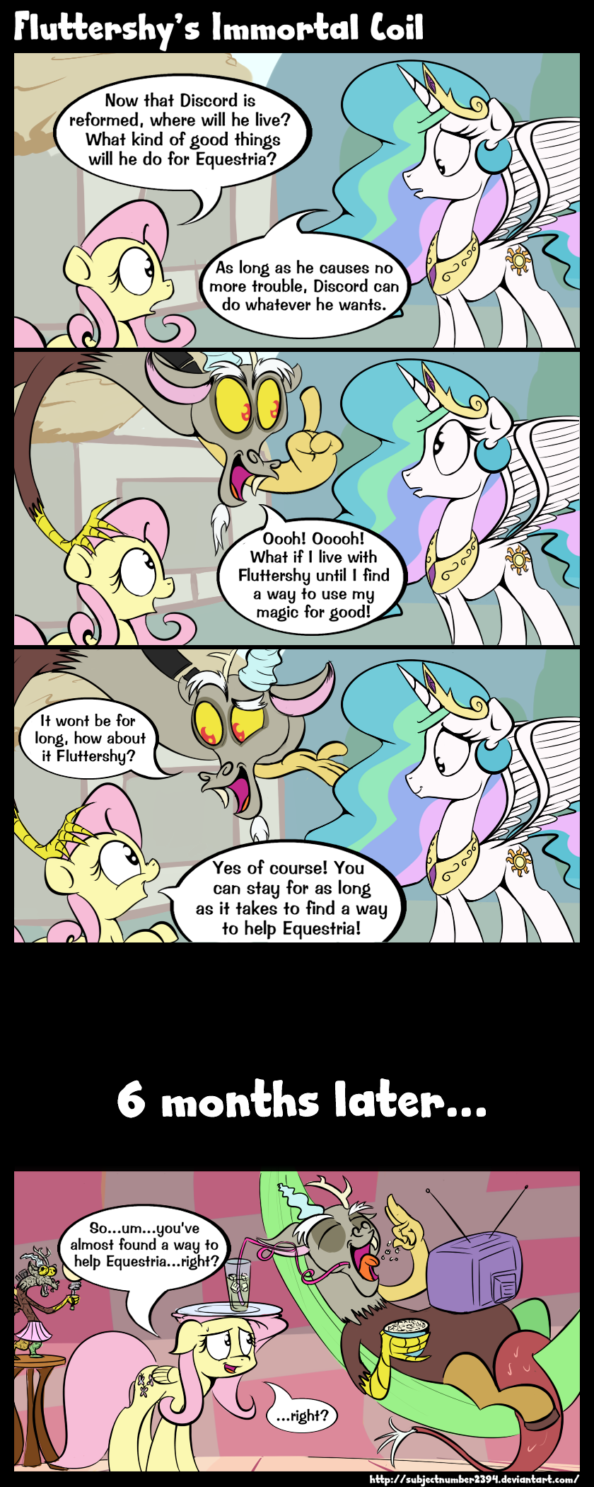 broken comic cracked crown discord_(mlp) draconequus drink english_text equine fangs female feral fluttershy_(mlp) friendship_is_magic gold hair horn horse lamp mammal mistake multi-colored_hair my_little_pony necklace overweight pegasus pink_hair pony popcorn red_eyes straw subjectnumber2394 television text winged_unicorn wings