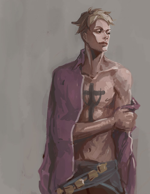 1boy belt blonde_hair jolly_roger male male_focus marco muscle one_piece open_clothes open_shirt pirate purple_shirt sash shirt solo tattoo whitebeard_pirates