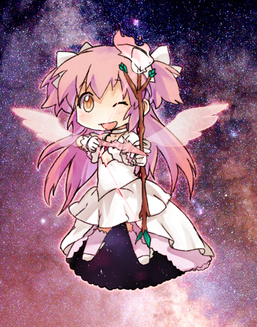 ;d aiming angel_wings arrow bad_id bad_pixiv_id bow bow_(weapon) chibi dress gloves hair_bow kaname_madoka long_hair magical_girl mahou_shoujo_madoka_magica one_eye_closed open_mouth pink_hair smile solo spoilers thighhighs two_side_up ultimate_madoka weapon white_dress wings yellow_eyes yoplait