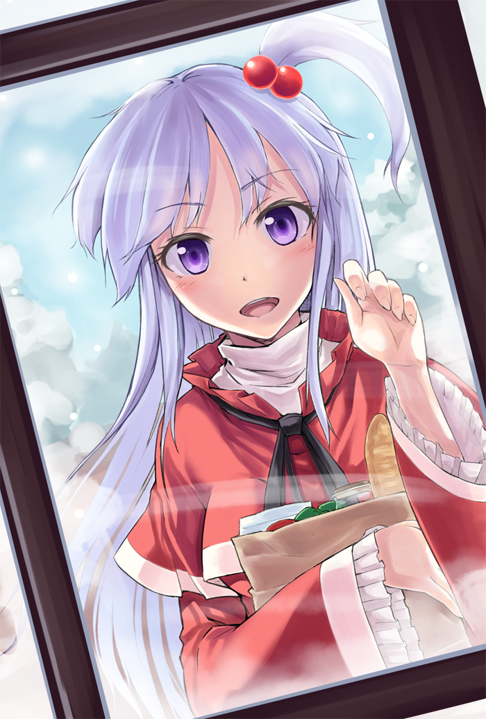 bad_id bad_pixiv_id bag blush bread food groceries grocery_bag hair_bobbles hair_ornament knocking lavender_hair long_hair looking_at_viewer moss_(sphere211) one_side_up purple_eyes shinki shopping_bag side_ponytail smile solo touhou touhou_(pc-98) window