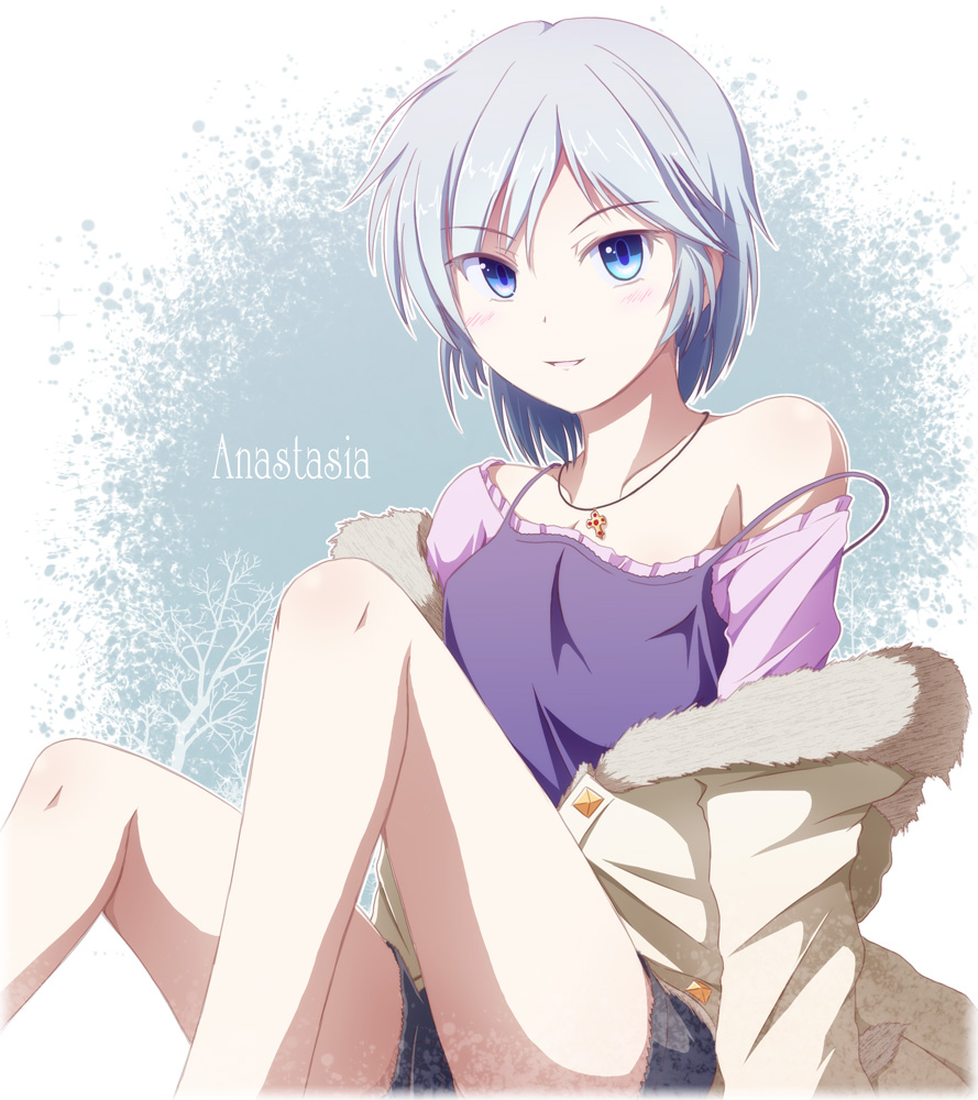 :d anastasia_(idolmaster) blue_eyes camisole character_name coat idolmaster idolmaster_cinderella_girls jewelry legs necklace open_mouth short_hair shorts silver_hair sitting smile solo strap_slip tri winter_clothes winter_coat