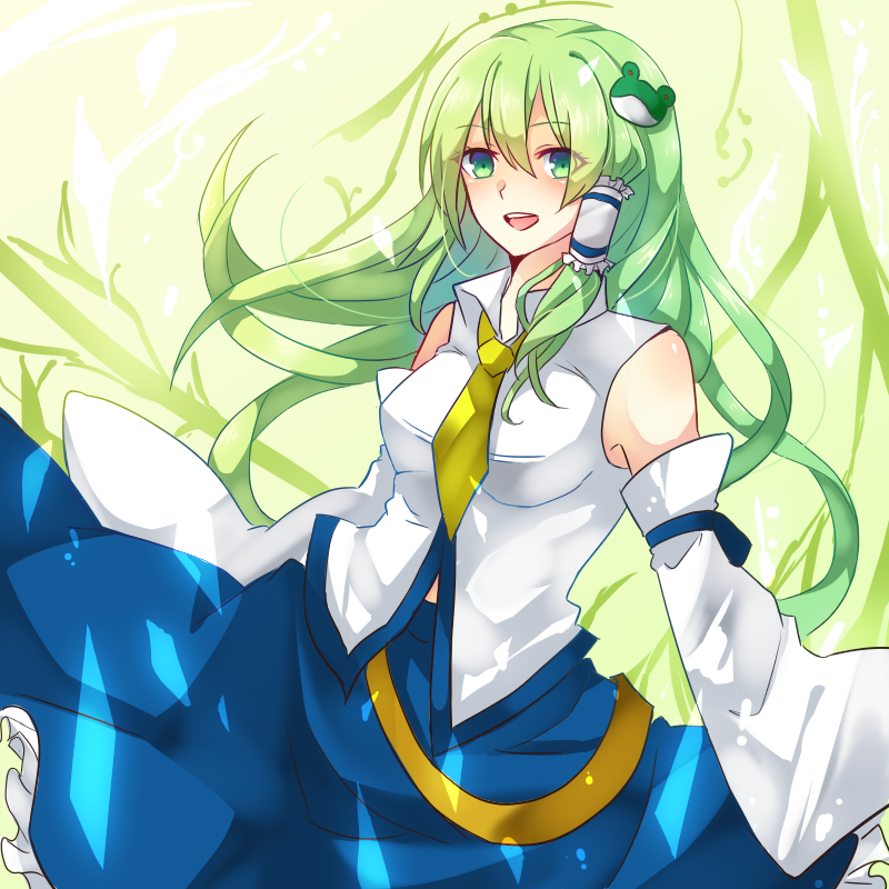 bad_id bad_pixiv_id blush breasts detached_sleeves frog_hair_ornament green_eyes green_hair hair_ornament hair_tubes kochiya_sanae large_breasts long_hair necktie open_mouth skirt smile snake_hair_ornament solo sweetroad touhou