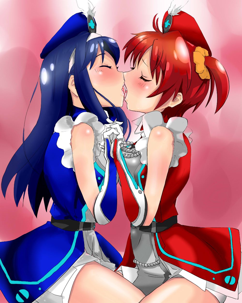 artist_request bare_shoulders blue_hair blush brown_hair closed_eyes couple dress french_kiss futaba_aoi_(vividred_operation) gloves hat highres holding_hands interlocked_fingers isshiki_akane kiss long_hair multiple_girls open_mouth palette_suit red_hair saliva scrunchie short_hair short_shorts short_twintails shorts twintails vividred_operation yuri