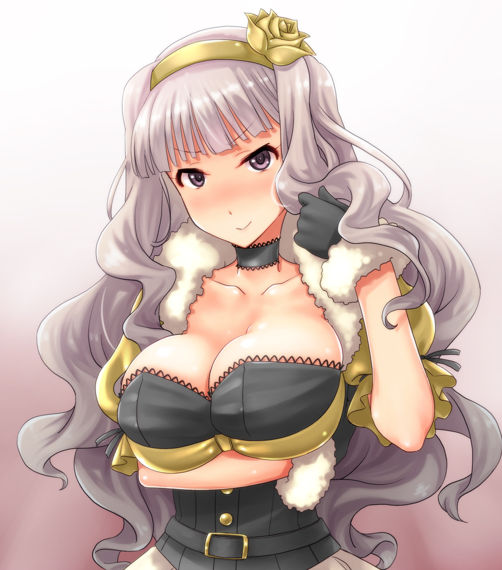 beyond_the_nobles blush breast_hold breast_rest breasts cleavage corset dress flower fuyube_rion gloves hairband idolmaster idolmaster_(classic) large_breasts long_hair looking_at_viewer md5_mismatch shijou_takane silver_hair skirt smile solo yellow_hairband