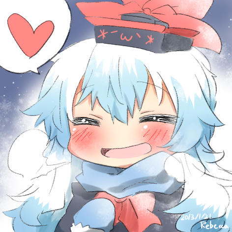 alternate_costume artist_name bad_id bad_twitter_id blue_hair blush closed_eyes dated expressive_clothes fog hat heart kamishirasawa_keine long_hair lowres mittens open_mouth rebecca_(keinelove) scarf smile snow solo touhou