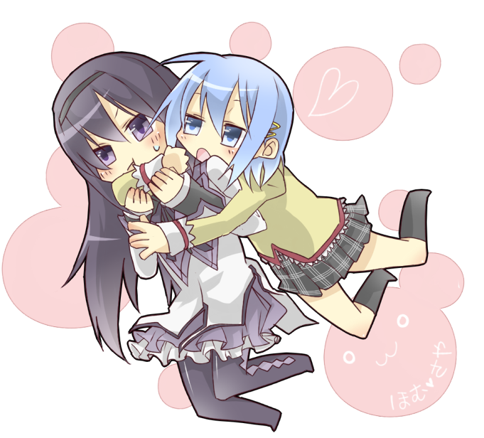 akemi_homura argyle argyle_legwear bad_id bad_pixiv_id black_hair blue_eyes blue_hair blush hair_ornament hairband hairclip heart hug hug_from_behind long_hair magical_girl mahou_shoujo_madoka_magica miki_sayaka mope multiple_girls pantyhose pout purple_eyes school_uniform short_hair sweatdrop yuri