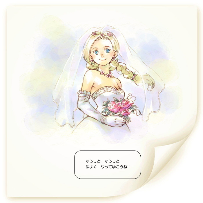 bianca blonde_hair blue_eyes bouquet braid bridal_veil comic dragon_quest dragon_quest_v dress earrings elbow_gloves flower gloves jewelry noki_(hanken) single_braid solo translated veil wedding_dress