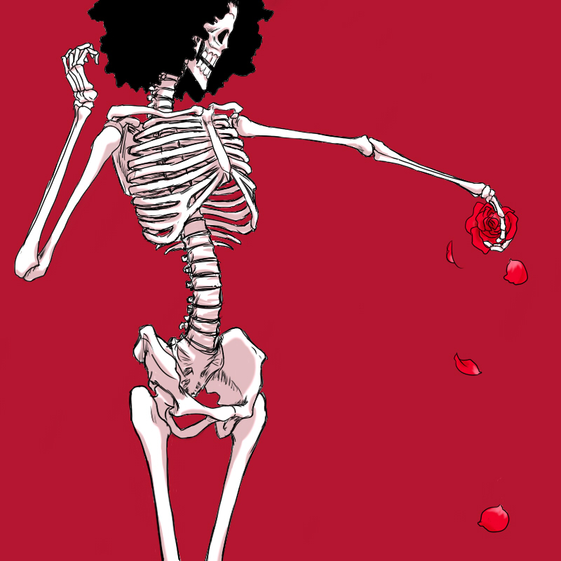 1boy afro black_hair brook flower male male_focus nude one_piece petals red_background ribcage ribs rose skeleton skull solo standing