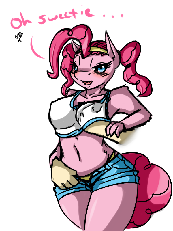 anthro anthrofied avante92 blue_eyes blush breasts clothing equine female friendship_is_magic grope hair hair_band horse mammal my_little_pony pink_hair pinkie_pie_(mlp) plain_background pony shorts solo standing white_background
