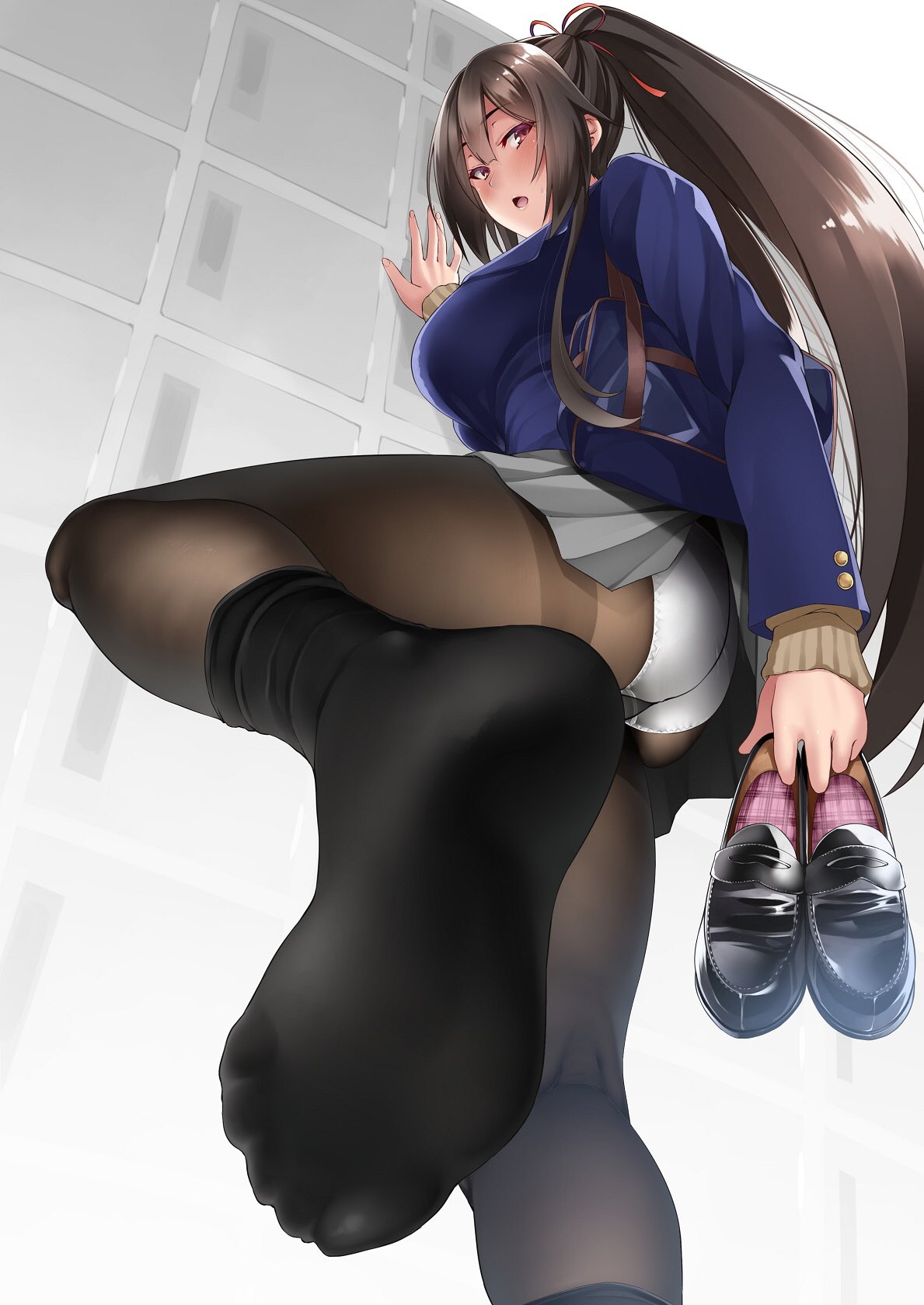 1girl ass black_legwear blush breasts brown_eyes brown_hair feet hair_ribbon holding holding_shoes large_breasts loafers long_hair looking_at_viewer panties pantyhose pantyshot parted_lips ponytail pov pov_feet ribbon school_uniform shoes shoes_removed socks soles underwear upskirt