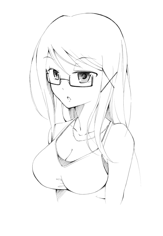 breasts cleavage glasses greyscale long_hair medium_breasts monochrome open_mouth original simple_background solo white_background yosinobu