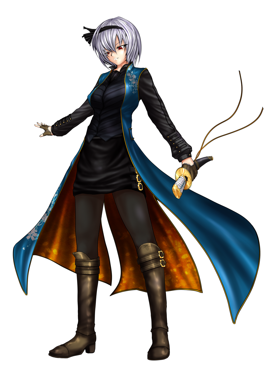 1girl alternate alternate_costume boots capcom cape costume devil_may_cry female hair_ribbon highres konpaku_youmu nelo nelo_anjuurou ribbon short_hair solo sword touhou weapon