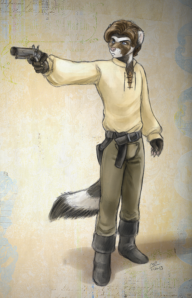 action_pose anthro avoid_posting belt boots conditional_dnp ferret flintlock gun kimber_di_furetti male mammal marbled_polecat medieval moodyferret mustelid pistol polecat pose ranged_weapon solo weapon weasel