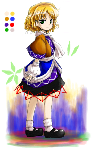 blonde_hair detached_sleeves full_body green_eyes huyusilver mizuhashi_parsee official_style oota_jun'ya_(style) pointy_ears puffy_sleeves short_hair skirt smile smug solo touhou
