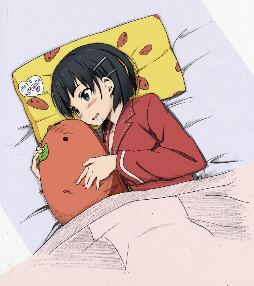 amage_kanade bad_id bad_pixiv_id bed black_eyes black_hair blush capybara capybara-san hair_ornament hairclip kirigaya_suguha leaf more_deban pajamas pillow short_hair solo stuffed_animal stuffed_toy sword_art_online traditional_media