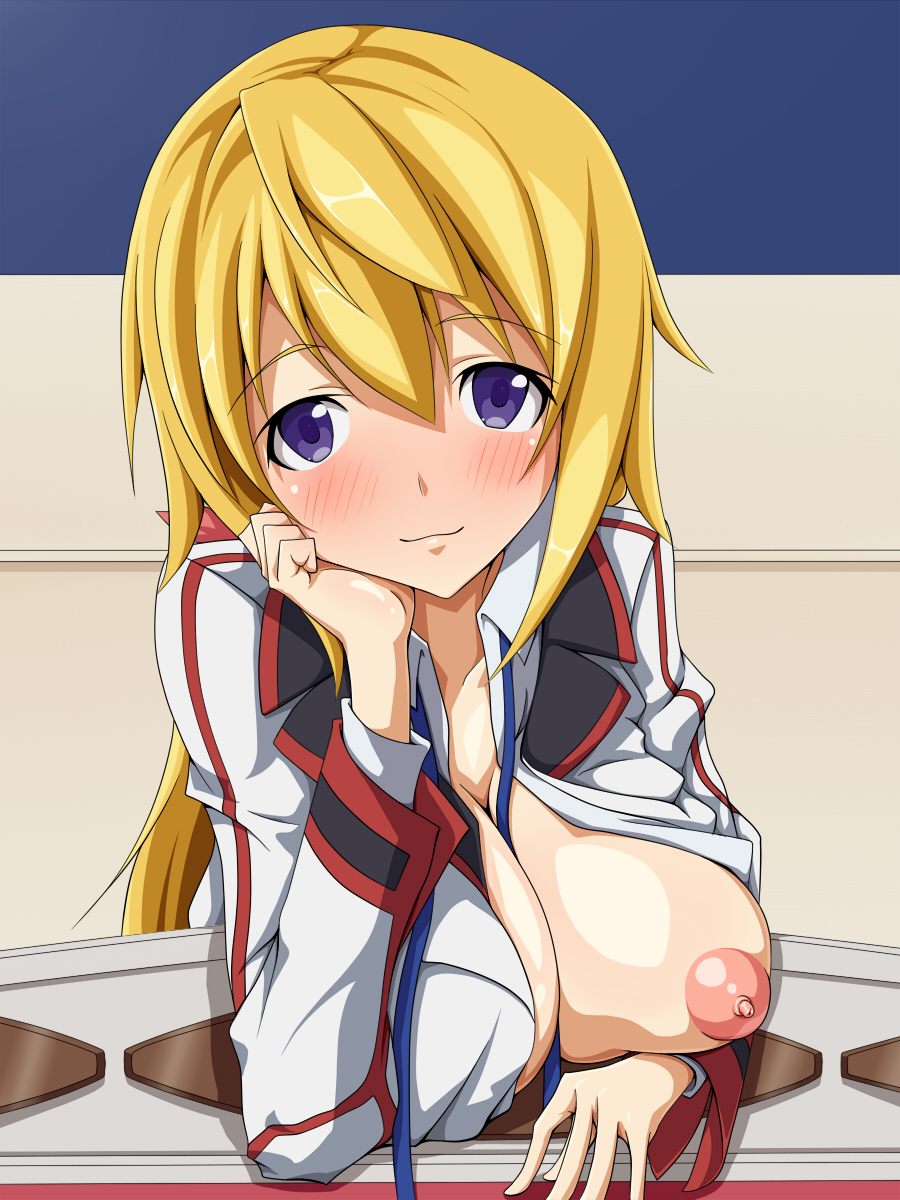 1girl areolae blonde_hair blush breast_slip breasts bust charlotte_dunois chin_rest female hair_between_eyes head_tilt highres infinite_stratos long_hair looking_at_viewer mei_ichi nipples one_breast_out open_clothes open_shirt purple_eyes shirt smile solo uniform upper_body