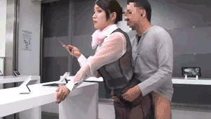 1boy 1girl animated animated_gif asian cellphone censored clothed_sex from_behind japanese lowres phone photo see-through sex shop source_request store